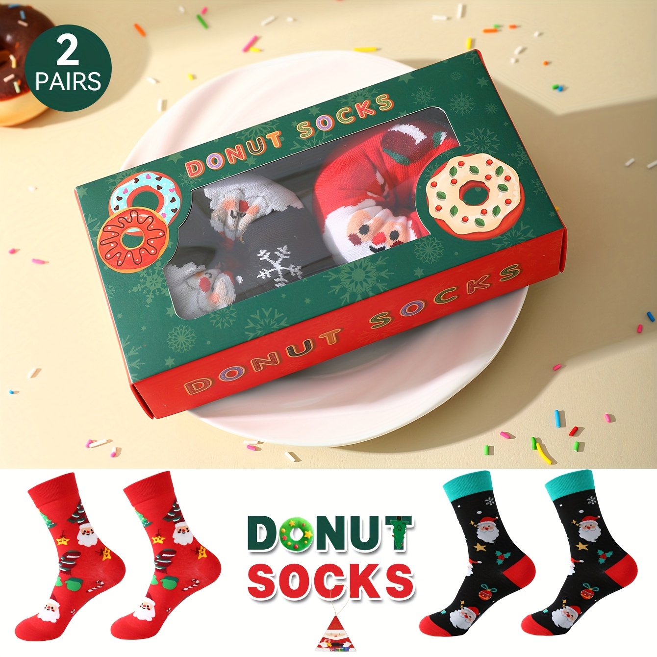 TEMU 2-pair Christmas Gift Box Set Of Fun Donut Stockings, 2025 Fall/winter Gift Socks, Unisex Mid-calf Christmas Stockings, Whimsical Food-inspired