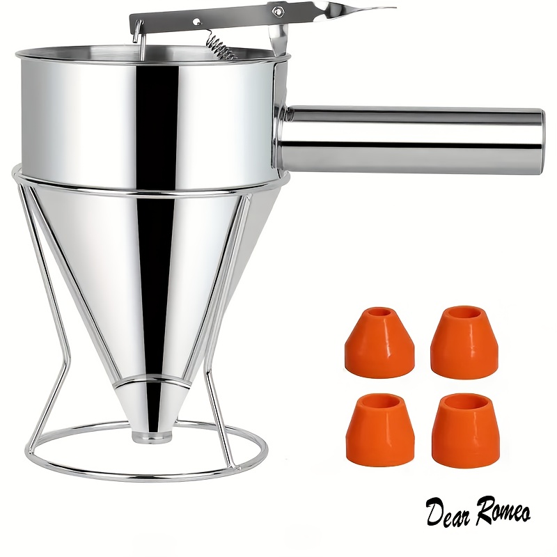 TEMU Set/1pc Optional Stainless Steel Batter Dispenser Funnel With Stand - 40.58oz Large Capacity, 4 Nozzle Sizes, Easy-clean - Perfect For Pancake,