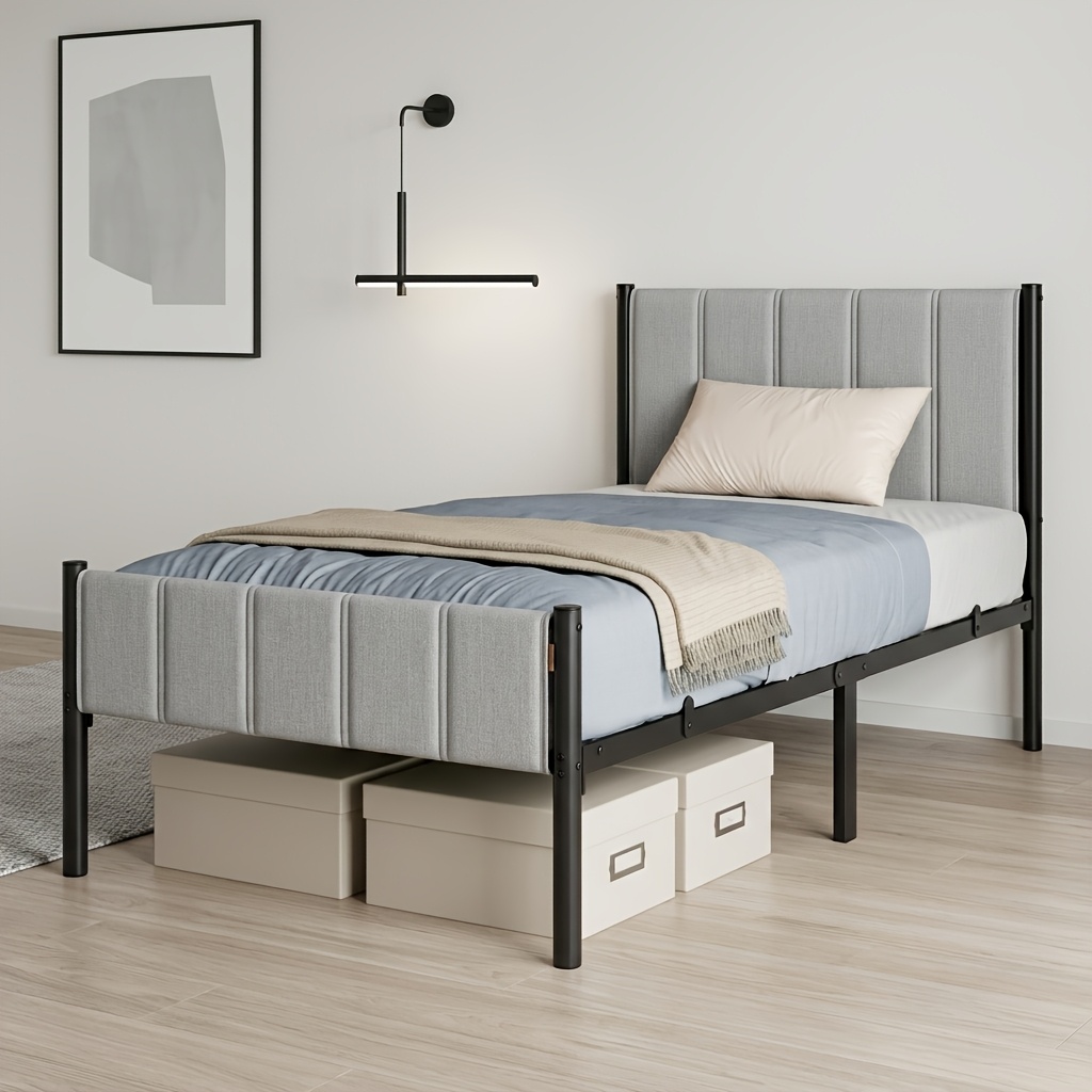 TEMU Chambre à coucher jumelle avec structure en acier pour matelas 90 x 190 cm, tête de lit rembourrée, rapide, lit sur plateforme encombrant pour