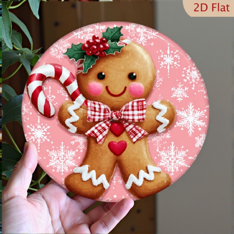 TEMU 1pc 2d Flat Round Plaque, Pink And Red Gingerbread Christmas Wall Decor, Ornament For Home, Bar