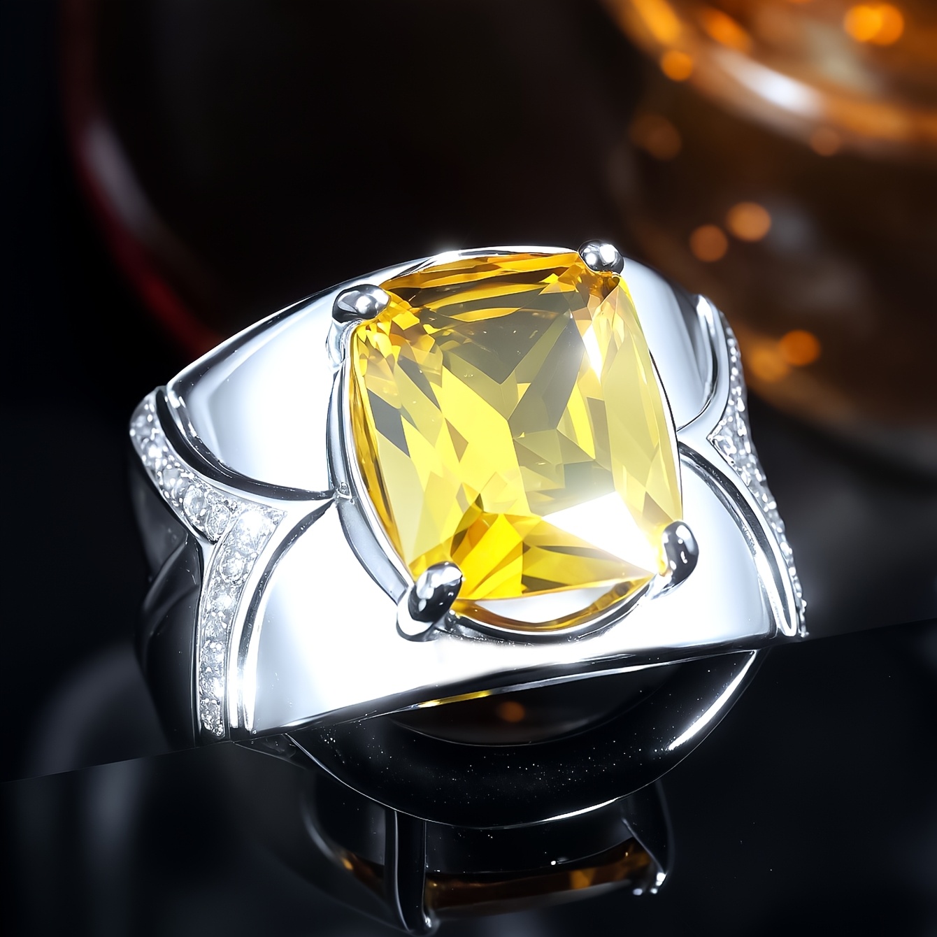 Men's S925 Silver Yellow Square Main Stone Ring