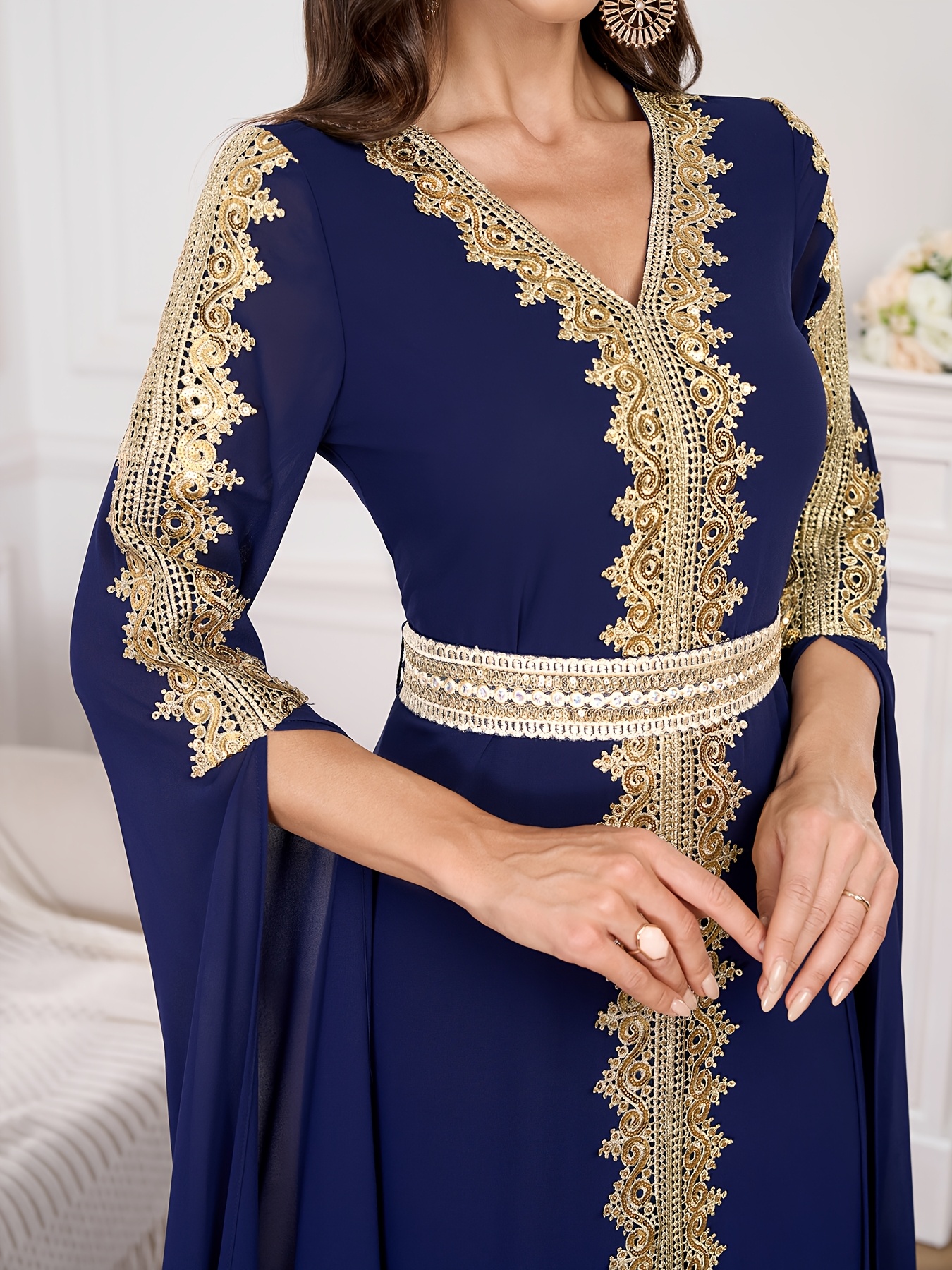 elegant navy blue sequin v neck maxi dress women long sleeve - Temu Spain