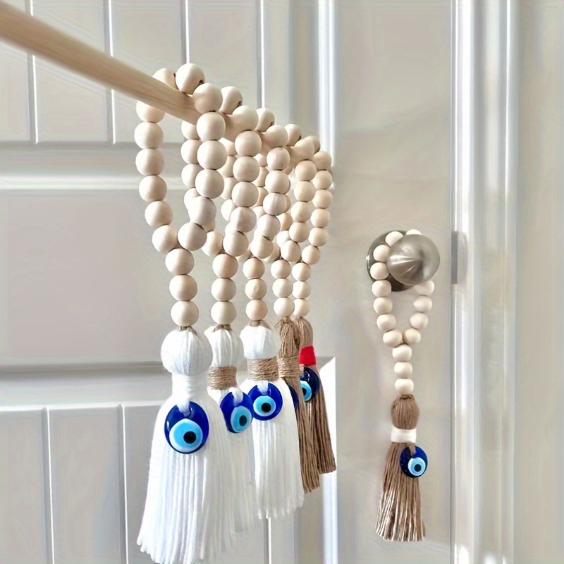

1pc Blue Evil Eye Wooden Bead Tassel - Turkish Amulet For Door Handle & Car Decor, Home Charm Pendant