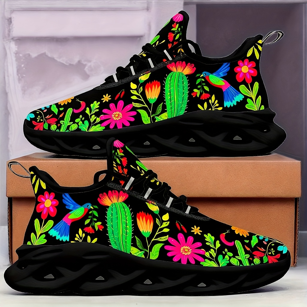 Image of [sneakers] Mexican Flowers Women's Plus Size Outdoor Blade Sole Athletic Shoes