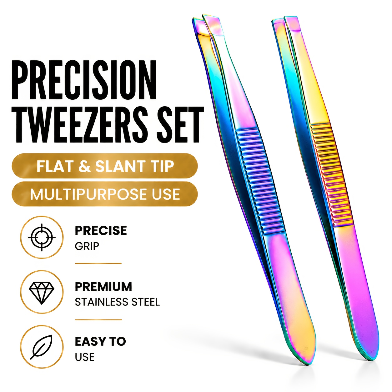 TEMU 2pcs Set Of Colored Stainless Steel Tweezers, Flat/slanted Tip Brow Tweezers With Precision Design For Accurate Hair Removal, For Eyebrow