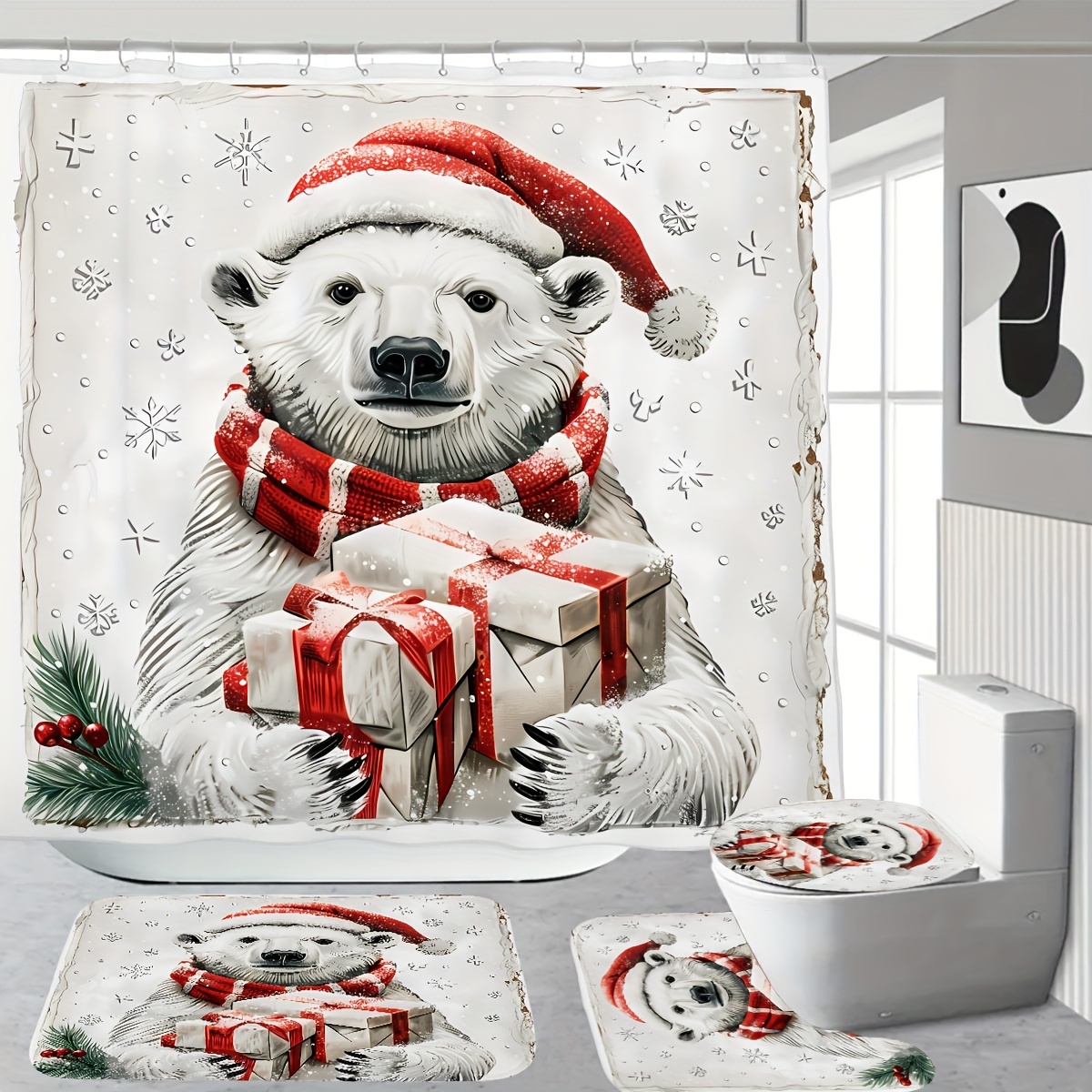 

Christmas Polar Bear Shower Curtain Set With Lined Polyester Bath Mat And Toilet Seat Cover - Waterproof, Woven, Forest Theme, Includes 12 Hooks - 180x180cm