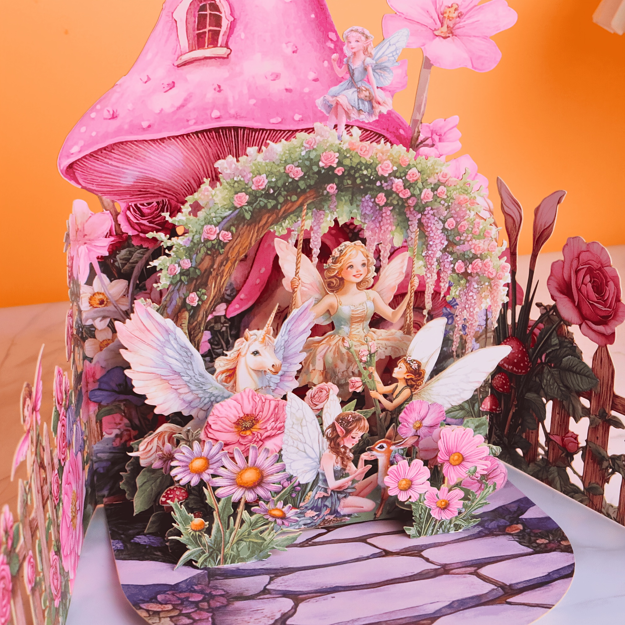 TEMU 1pc Fairy Garden Unicorn Pop-up Greeting Card With 3d Floral Mushrooms, Fairies & Unicorns - Vibrant Pastel Colors For Birthdays, Weddings,