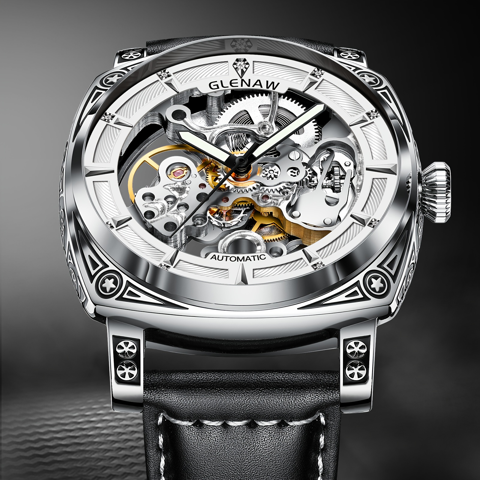 mens automatic mechanical watch elegant   dial waterproof up to 30  steel black   leather strap skeleton back with intricate movement date display ideal gift for him details 4