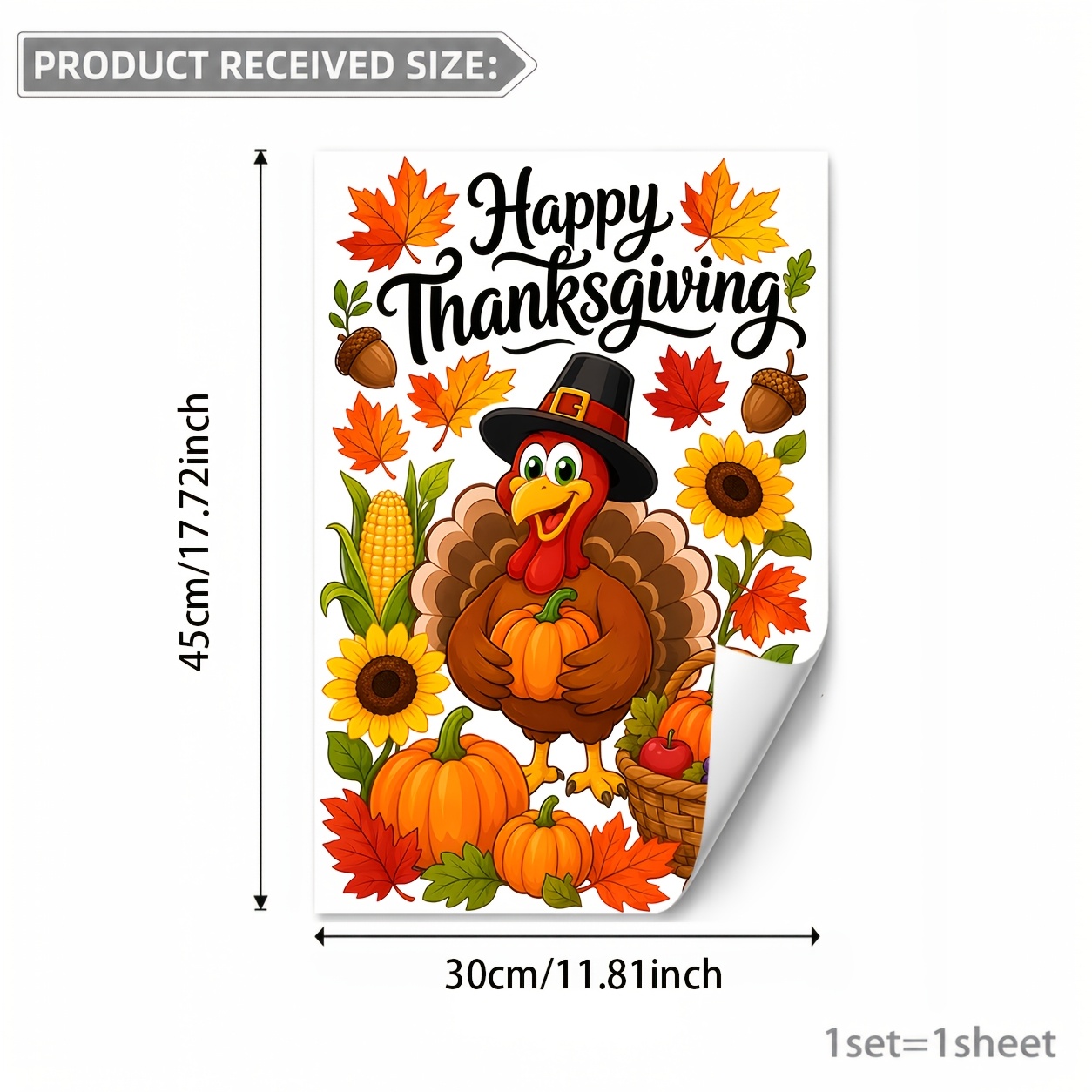 TEMU 1pc 30 X 45cm Double-sided No-glue Pvc Static Cling Sticker, Thanksgiving Window Decal, Turkey Pumpkin Sunflower Corn Maple Leaf Patterns,
