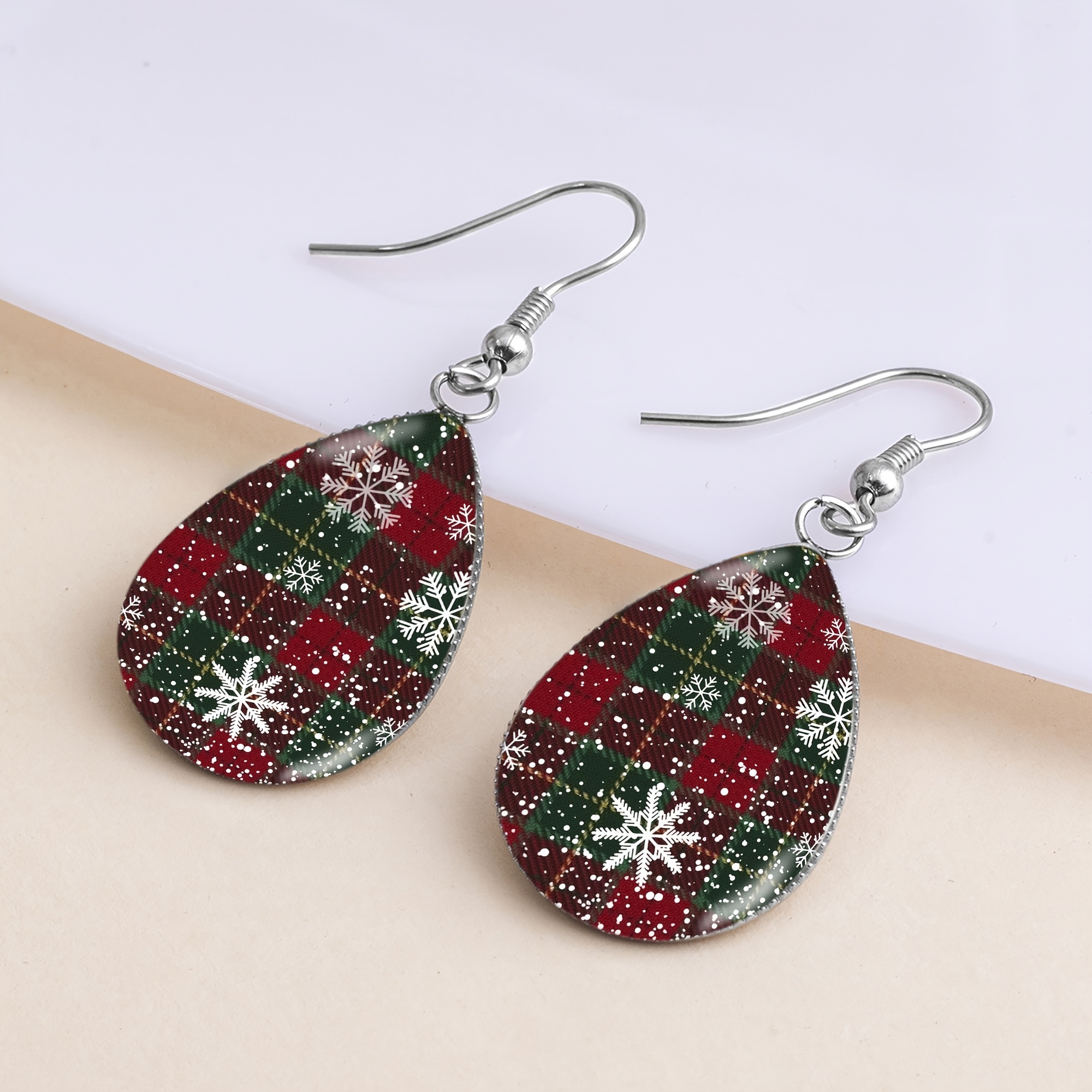 Unisex Christmas Plaid Snowflake Drop Earrings