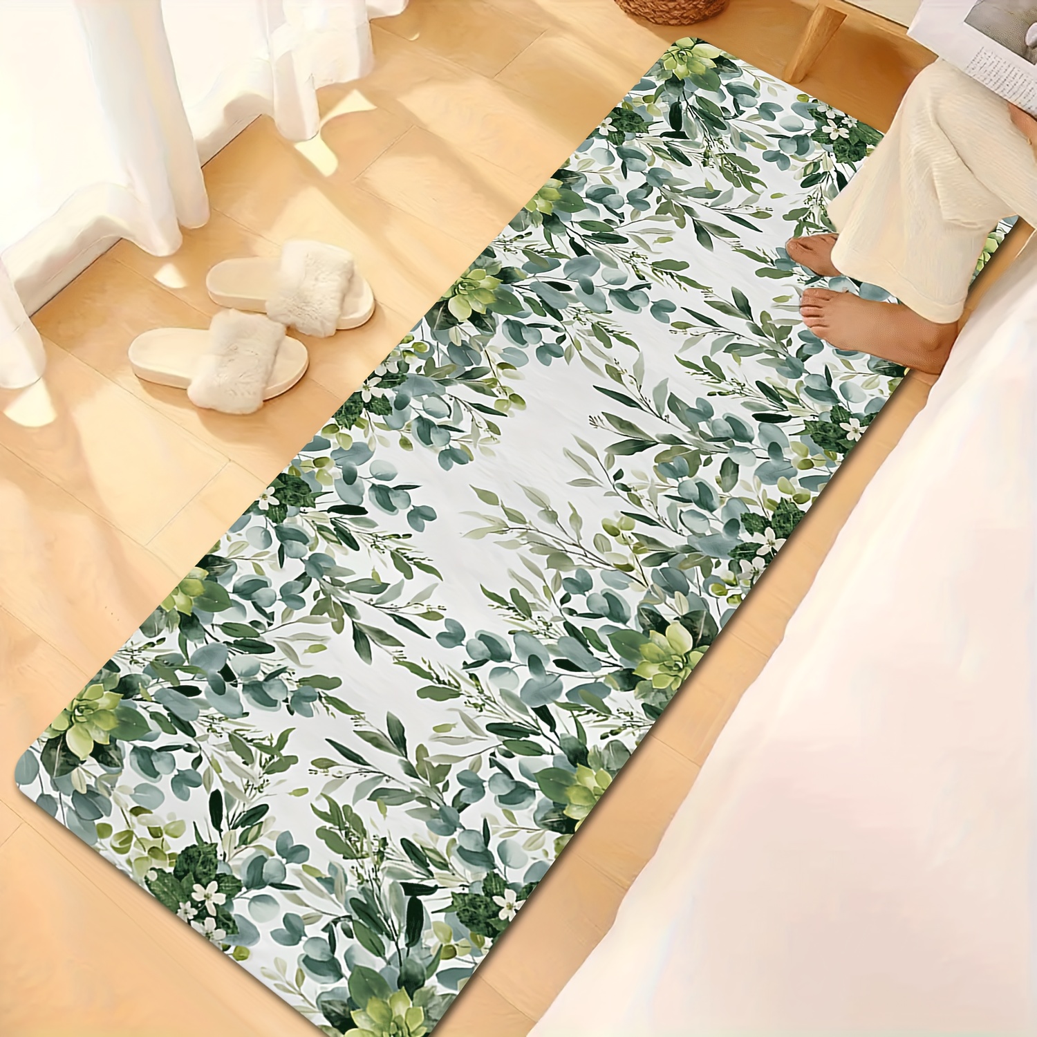 TEMU Tappeto pz in Flanella Premium Verde con Motivo a Eucalipto, Antiscivolo, Lavabile in Lavatrice, Resistente allo Sbiadimento, per Corridoio,