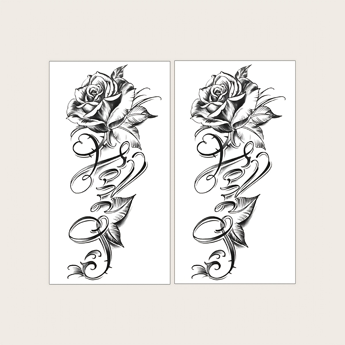 Image of 2pcs Black Minimalist Tattoo Set - Rose , Waterproof Temporary Tattoo Stickers For Legs, , Abdomen, Back, And Body, Party Gift Fake Tattoos
