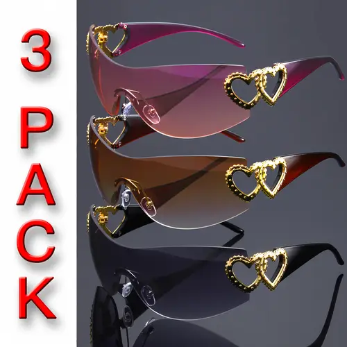3pcs womens frameless wrap fashion glasses with heart shaped metal hinges protection gradient lenses sporty for outdoor party casual attire trendy glasses eyewear stylish eyewear durable hinges party