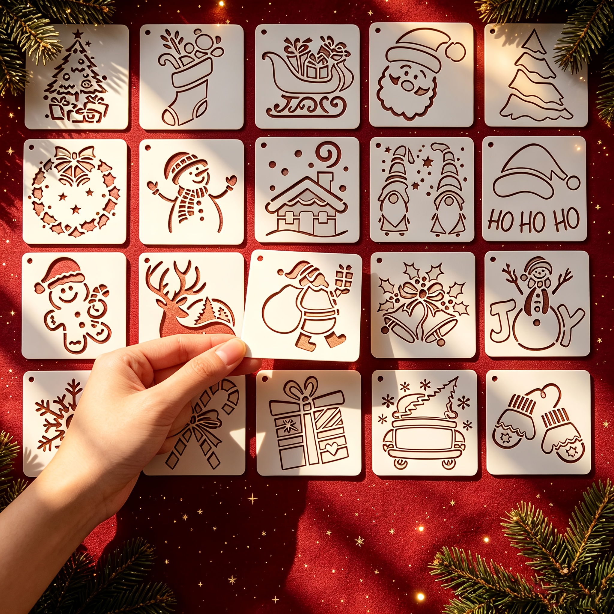 TEMU 1 Set/20pcs Christmas Stencils For Painting Reusable Xmas Drawing Template Wooden Bag Window Decor Santa Snowman Tree Elk Holiday Craft Stencil