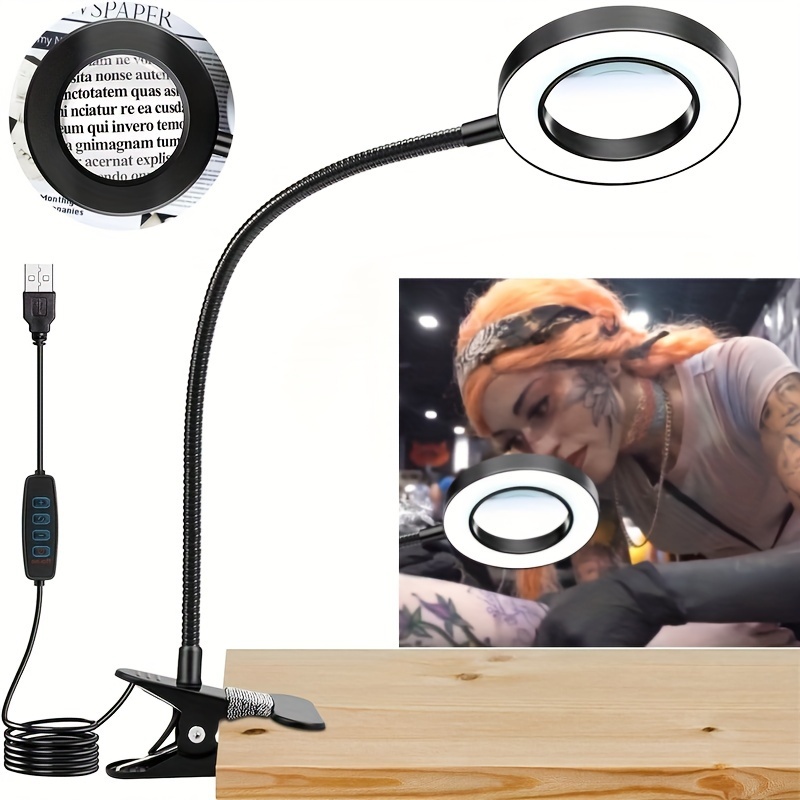 

Usb Powered Metal Magnifier Desk Lamp For Tattoo Studio With Flexible Gooseneck, Clamp, And Adjustable Intensity - 3 Color Modes For Precision Eyebrow Tattooing And Close-up Work