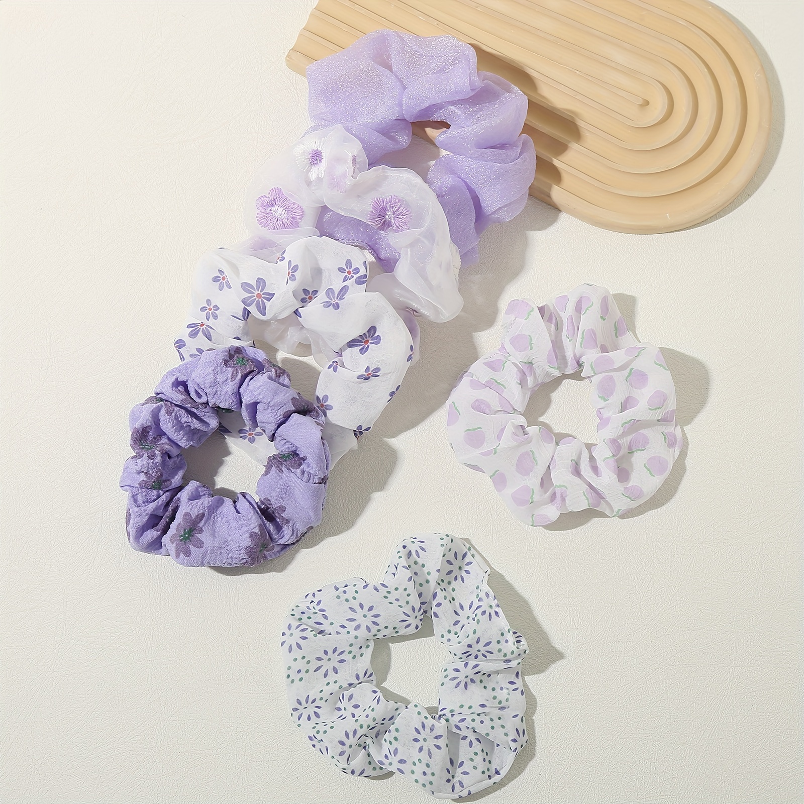 

6pcs Purple Fabric Hair Scrunchies Set For Women - Cute, Gentle Hold, No-damage Elastic Hair Ties, Various Patterns, Fashion Accessories For Teens And Adults