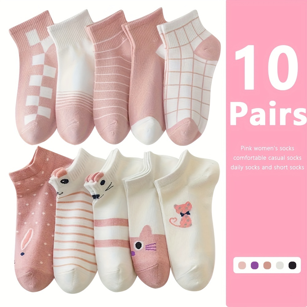 

10 Pairs Cute Cat Socks, Soft & Breathable Ankle Socks, Women's Stockings & Hosiery