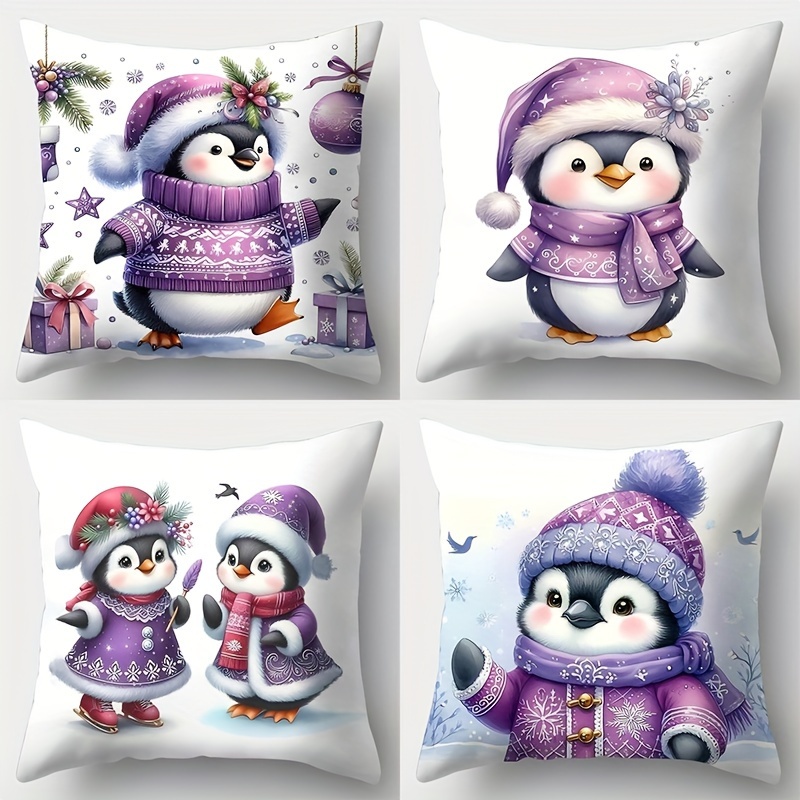 

4pcs Set, Christmas Pillowcase, Purple Cute Penguin Pillowcase, 17.7 Inches * 17.7 Inches, Single-sided Printing, Christmas Decoration, Sofa Backrest Cover, Pillowcase Does Not Pillow Core