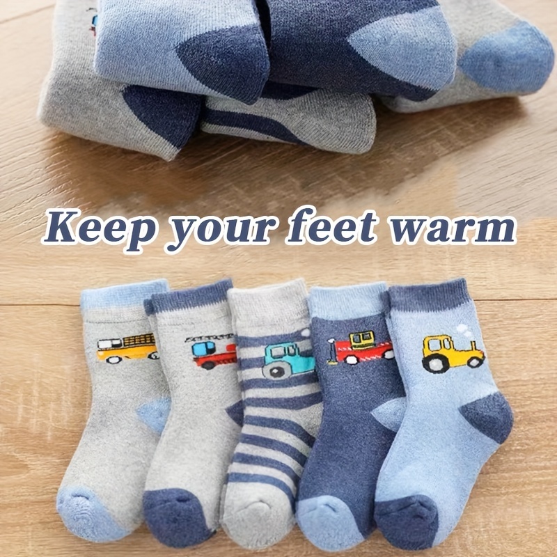 5pcs Cozy Youngsters' Fleece-Lined Warm Hoop Socks - Thick, Soft Polyester Blend with Fun Car Patterns, Stripes & Solid Colors - Perfect for Boys & Girls Fall/Winter Daily Wear, Cute Socks