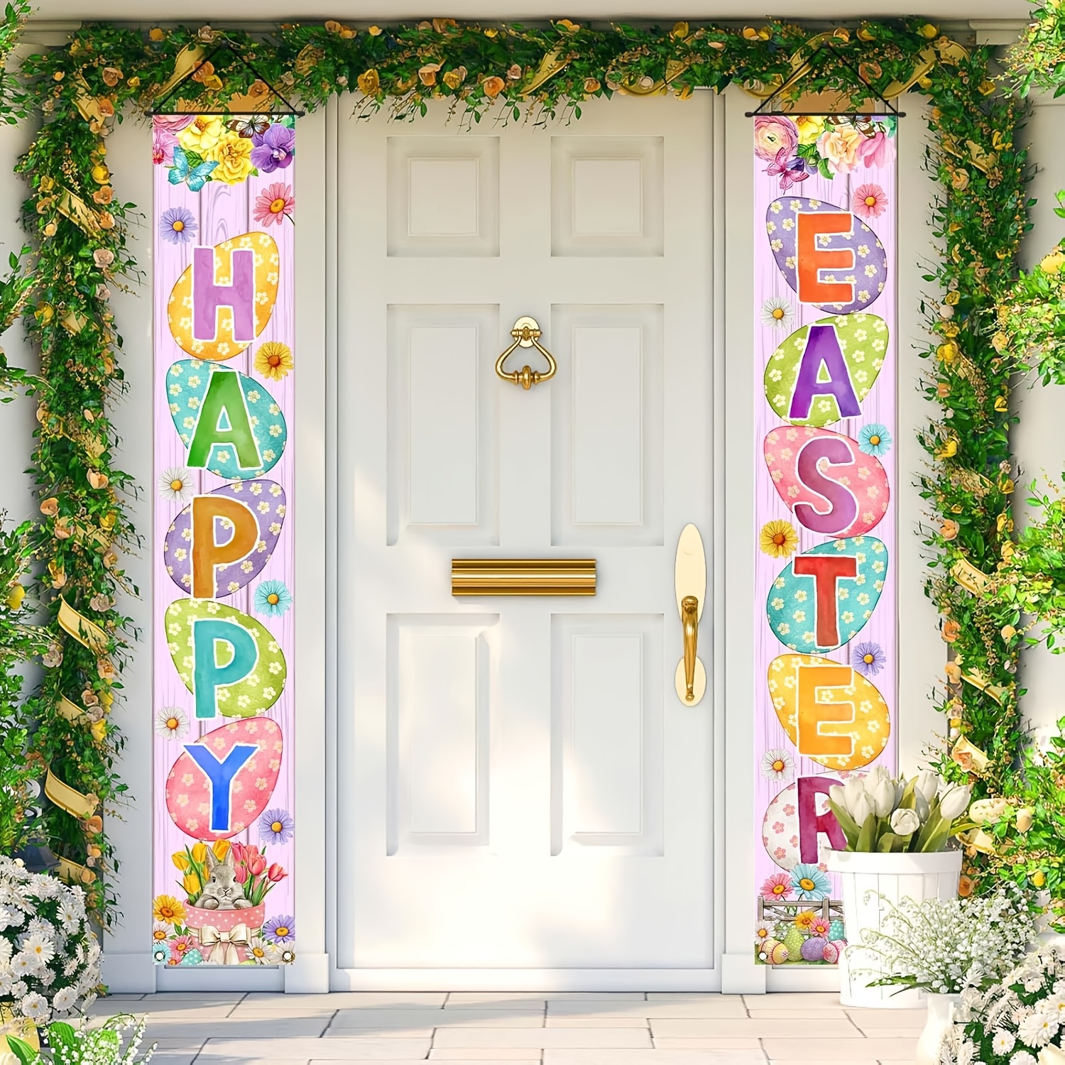 

2pcs Easter Door Banner Set, Polyester 100% Bunny Egg Rabbit Daisy Design, 71x12 Inch, No Electricity Needed, Spring Holiday Wall Hanging Decor For Home Office Farmhouse