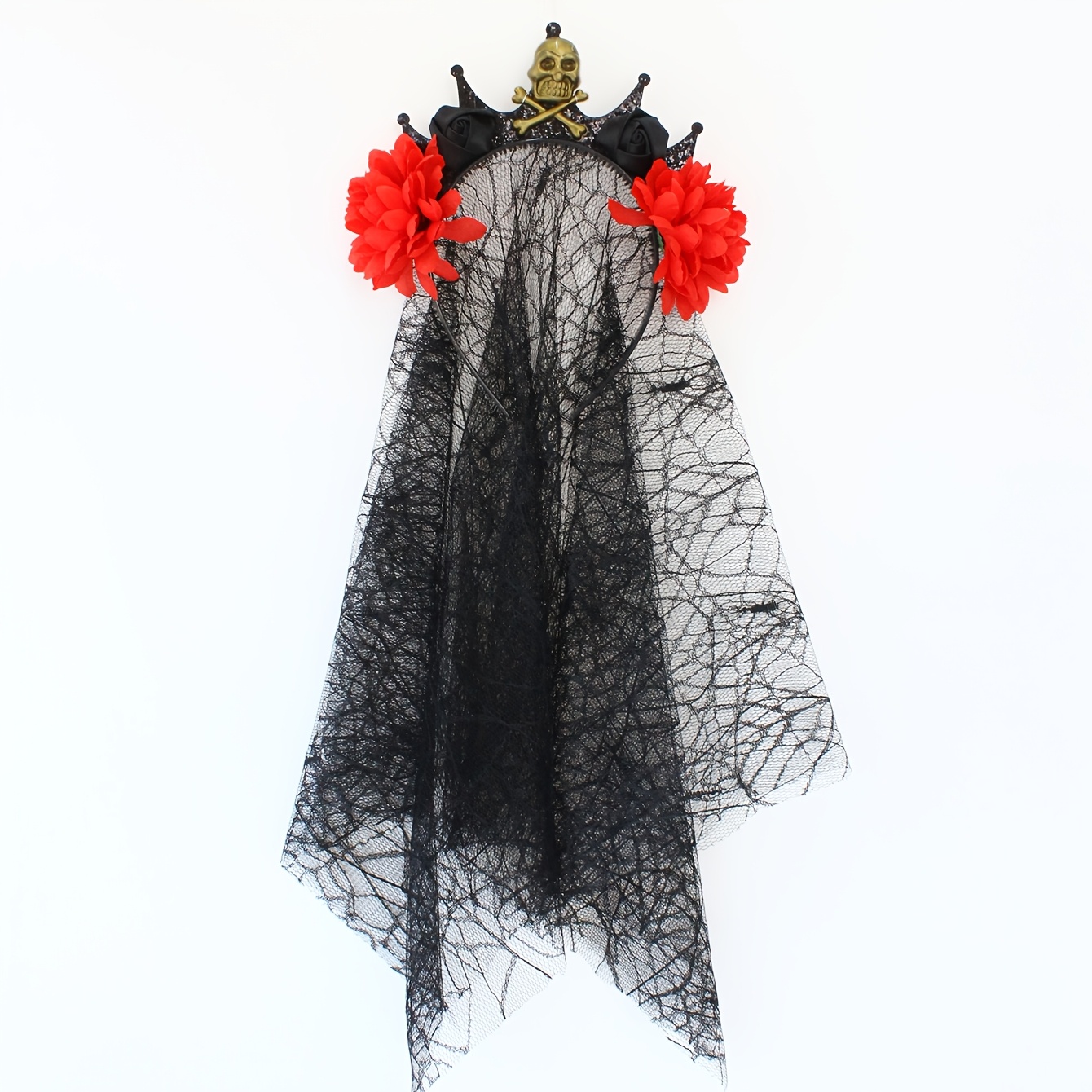 TEMU 1pc Golden Skull Crown Red Artificial Flower Black Spider Web Gauze Headband, Dark Gothic Headpiece, Suitable For Halloween Costume, Horror