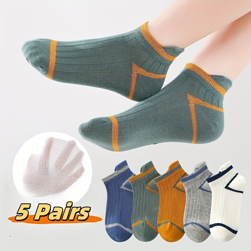Image of 5-pack Kids' Socks, Simple Vertical Stripe Fashionable Personality Student Trendy Socks For Boys And Girls, Spring/summer Mesh Breathable Comfortable Socks