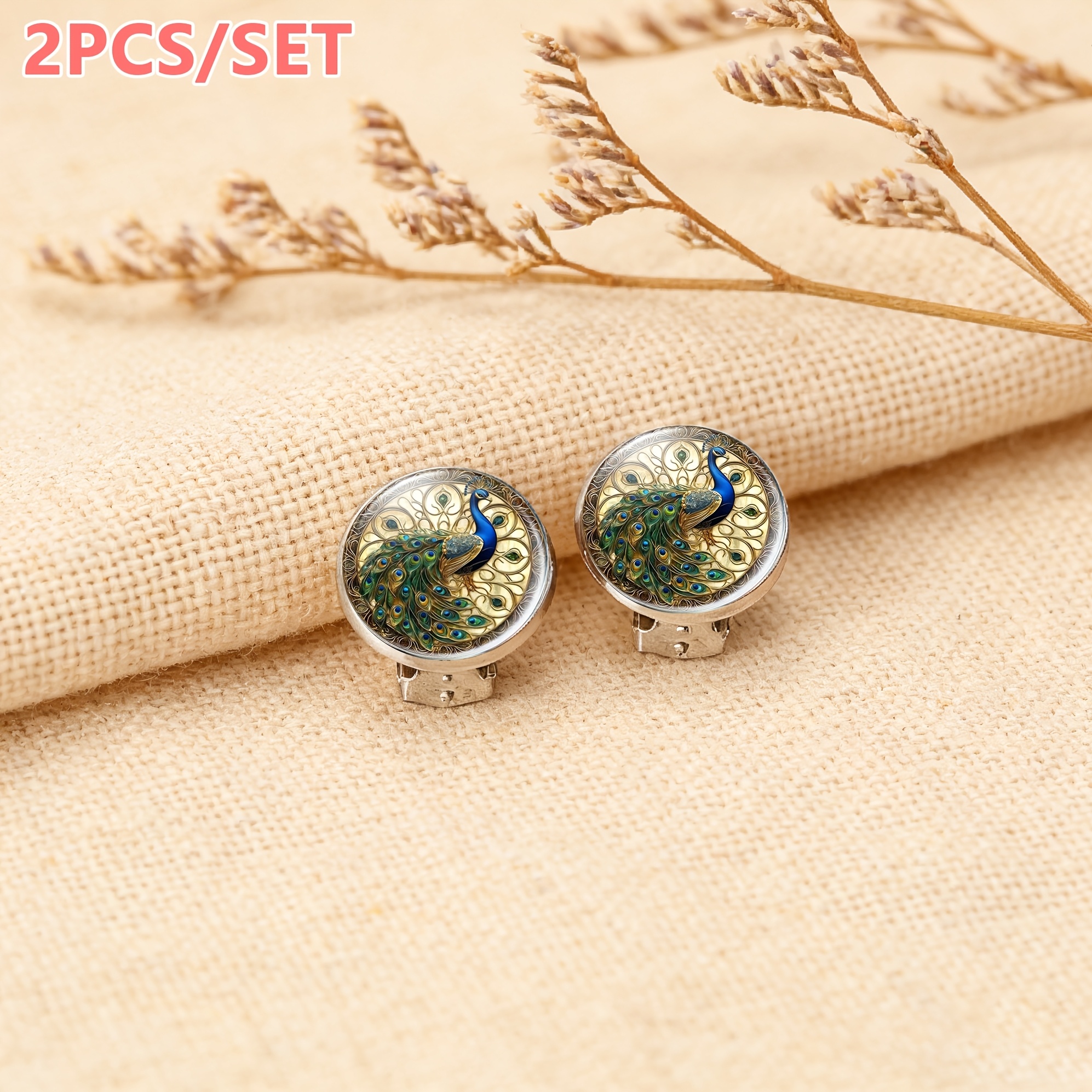 Women's Ornate Peacock Design No-Piercing Round Earrings