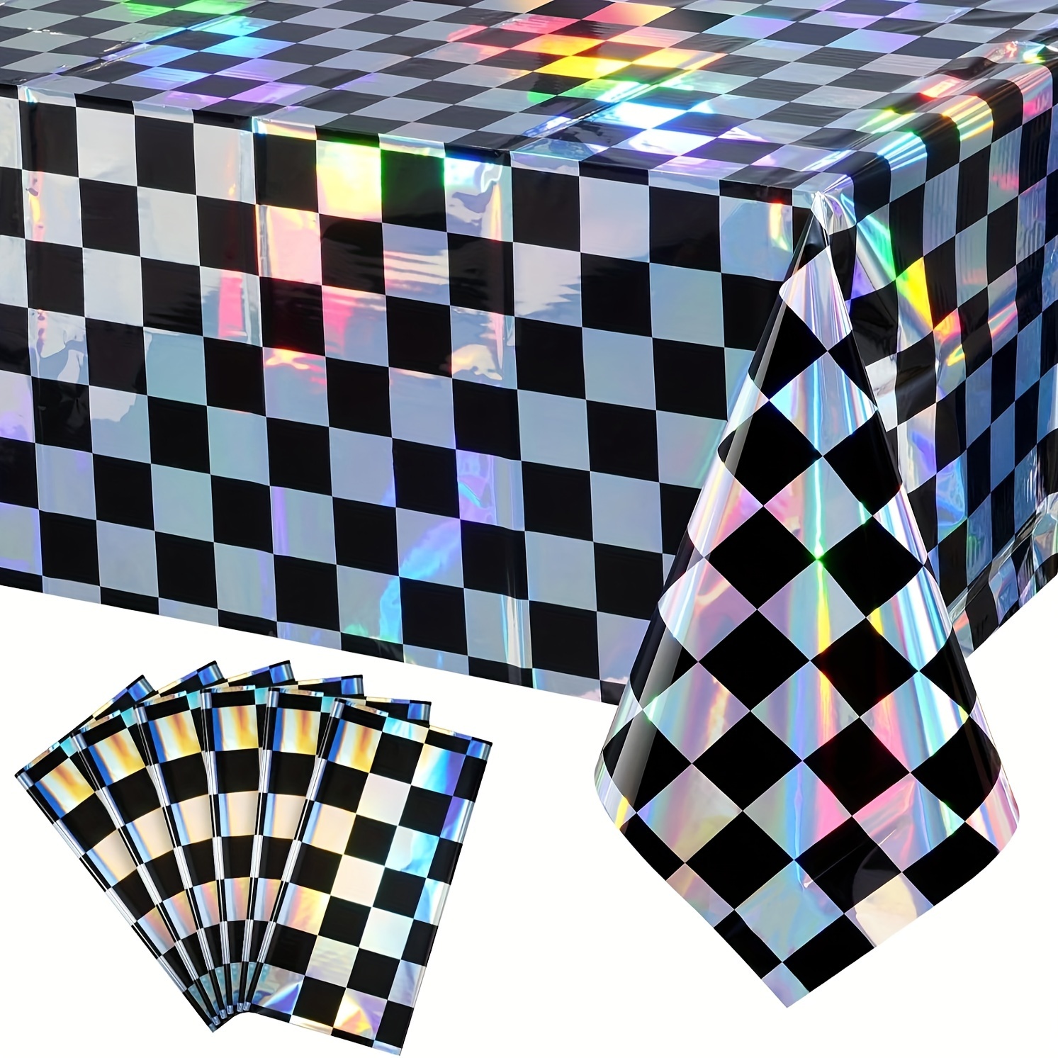 

6 Pack Black And Iridescent Checkered Plastic Tablecloth, Shiny Disposable Laser Rectangle Table Covers, Holographic Foil Tablecloth Iridescent Party Decorations For Picnic Camping Outdoor, 54x108inch