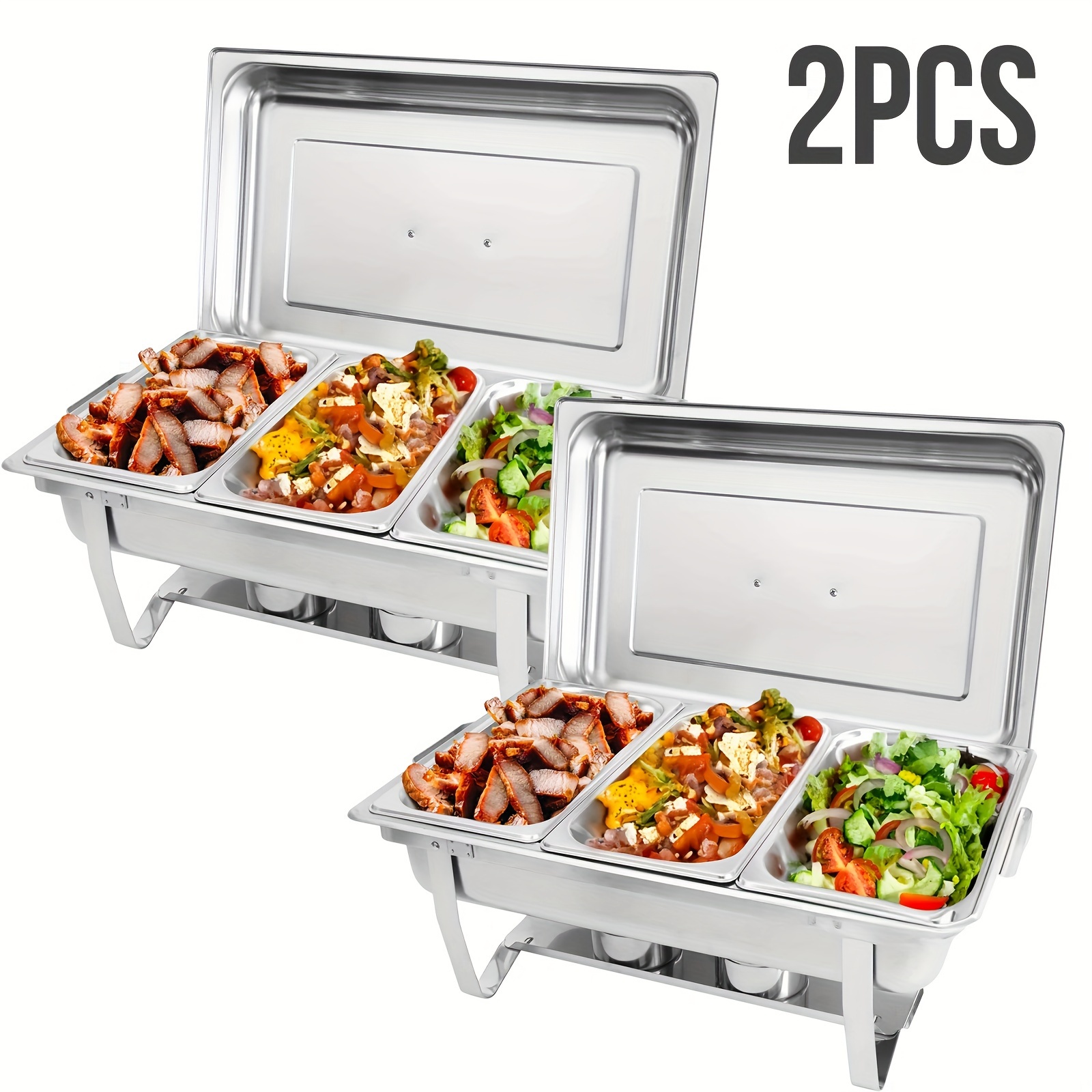 Image of Chafing Dish Set, 8 Qt 2 - Pack, No Assembly, Stainless Steel With 3/1 Size Pans, Lids, Water Pans, Folding Stands And Fuel Tray Holders, Catering Warmers - Cooking