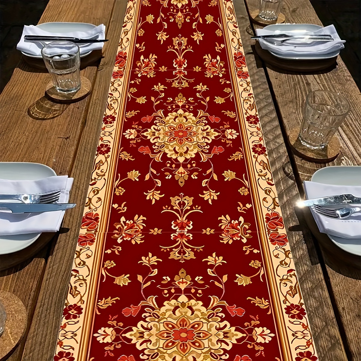 

Bohemian Floral Polyester Table Runner - Rectangular Woven Table Flag For Kitchen And Dining Room Decor, Festive Holiday Room And Event Decoration, Party Supplies, Gift - 100% Polyester