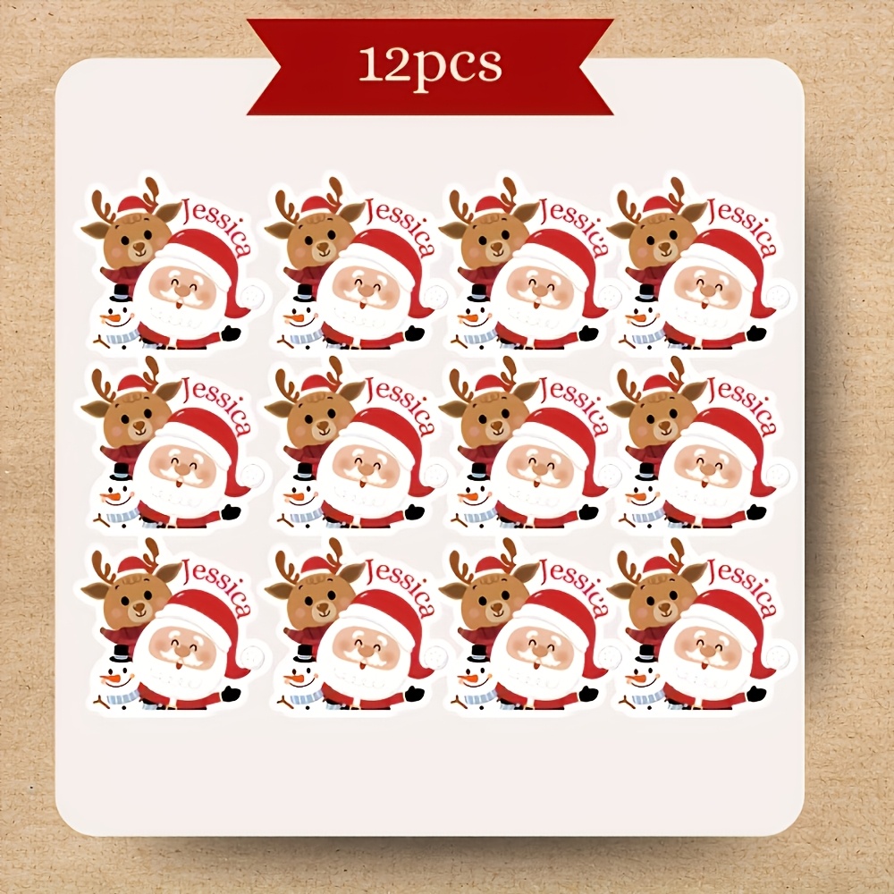 TEMU Personalized Christmas Round Stickers – Santa Claus & Reindeer Design, Custom Name Tags. Available In 12/24pcs. Waterproof & Durable. Gift Bags,