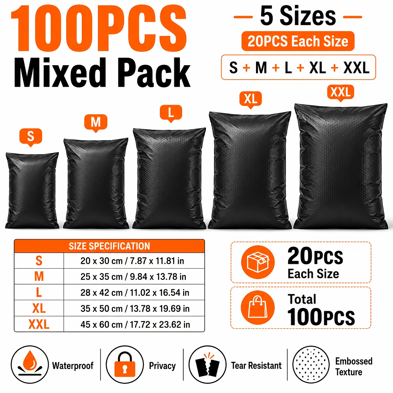 TEMU Mixed 100pcs Black Courier Bags, Mailing Bags, Envelope Storage Bags, Self-adhesive Plastic Packaging Bags. 5 Sizes (20pcs Each), Suitable For