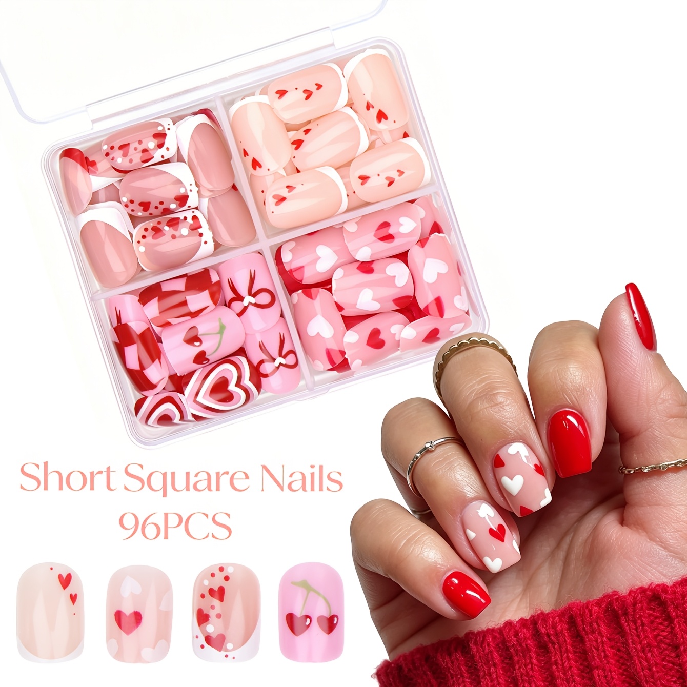 TEMU 96pcs Short Square Pressed Nails -4pcs Design Fake Nails - Valentine's Day Full Set Acrylic Fake Nails Nail Art