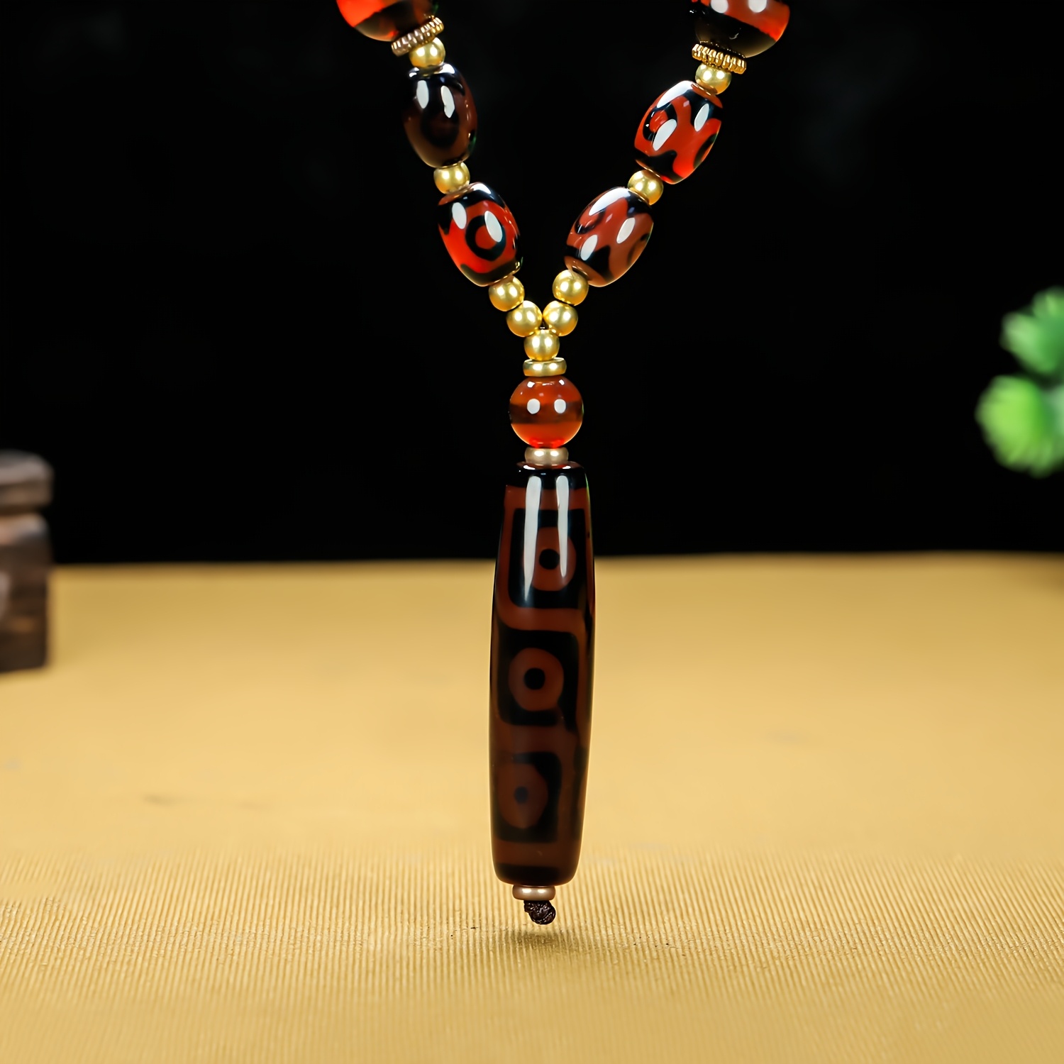 Natural Agate Dzi Bead Necklace in Wine Red