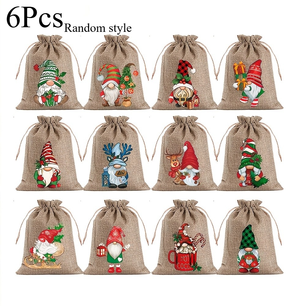 TEMU 6-pack Christmas Jute Gift Bags - Random Styles Reusable Drawstring Bags, Christmas Theme Design, Random Style. Suitable For Christmas Party