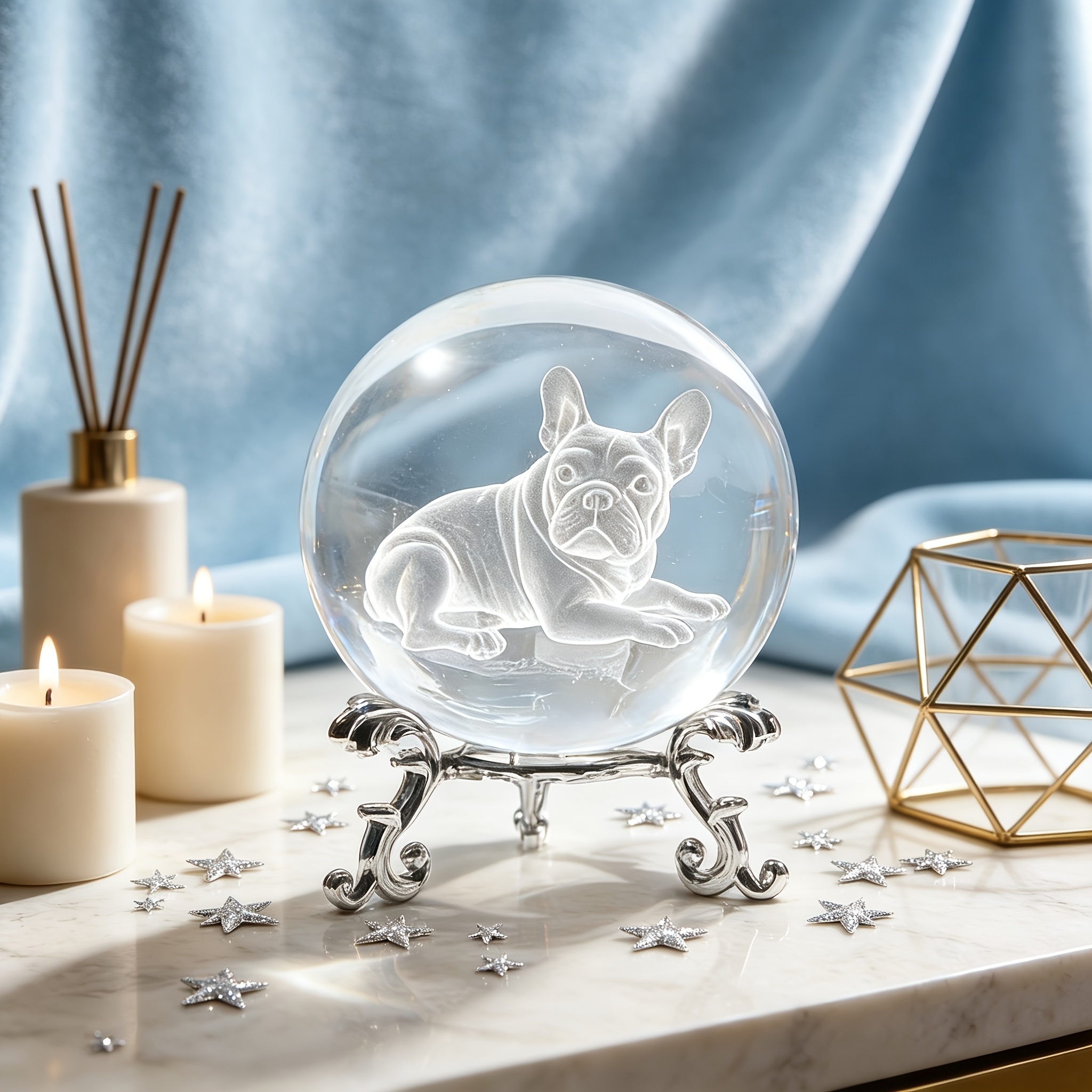 TEMU Boule de Cristal Français pour Décoration - Gravée au Laser avec Frenchie, Ornement de Bureau sur Table, Cadeau pour des Animaux, Cadeau de Fête