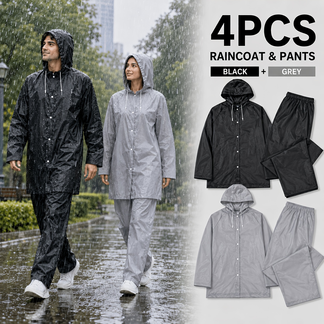 TEMU 4pcs Raincoat And Pants Set For Men And Women, Black And Gray Hooded Rainwear With Elastic Waist Trousers, Lightweight Outdoor Clothing For ,