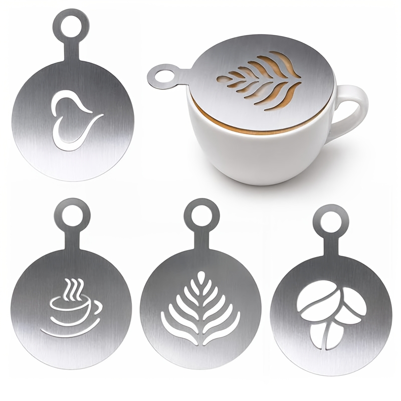 TEMU 4pcs Stainless Steel Coffee Stencils Silver Heavy Duty Latte Art Templates, Rustproof Barista Tools For Cappuccino, Oatmeal And Cupcakes