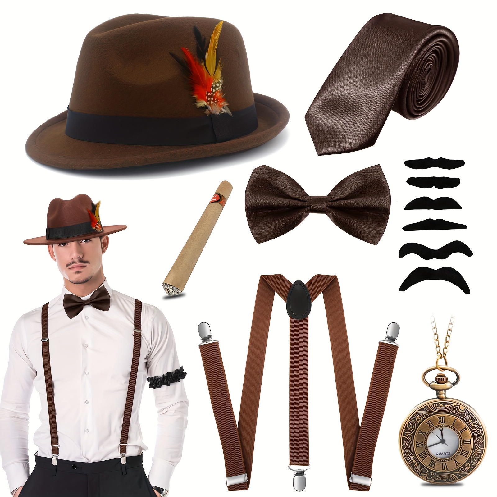 1set 1920s Vintage Style Gentlemen Costume Accessories Gangster Tie Bow Tie  Pocket Watch Suspenders Fedora Hat Mustaches Halloween Cosplay Photo Props  Larp Party Funny Supplies Stage Performance Accessories - Toys & Games 