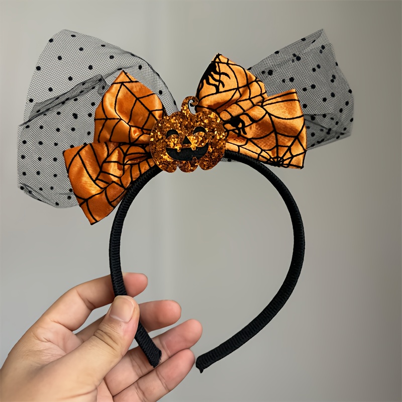 Party Accessory Featuring A Halloween Pumpkin Headband With An Orange Spider Web Bow, Suitable For All Genders, Made Of Resin And Mesh, Perfect For Festive Outfits And Photography Props