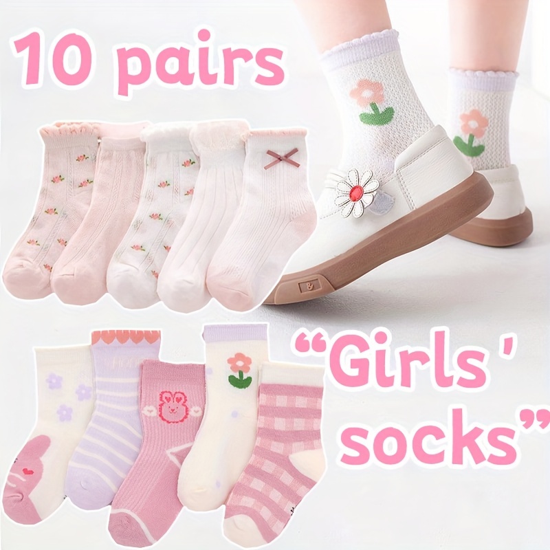 

10pairs Girls Mid Calf Socks Small Flower Pattern Princess Mesh Socks