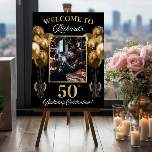 1pc personalized birthday poster custom photo age elegant black decor durable vinyl poster for birthday party backdrop anniversary wedding your own picture unique birthday gift idea anniversary celebration festive design material event planners