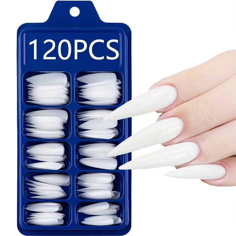 E-shop 120 Stück Weiße Press-On Nägel – Superlange Stiletto-Form, Glänzende Kunstnägel für Vollständige Abdeckung, Einfache Anwendung für Hände & Füße,