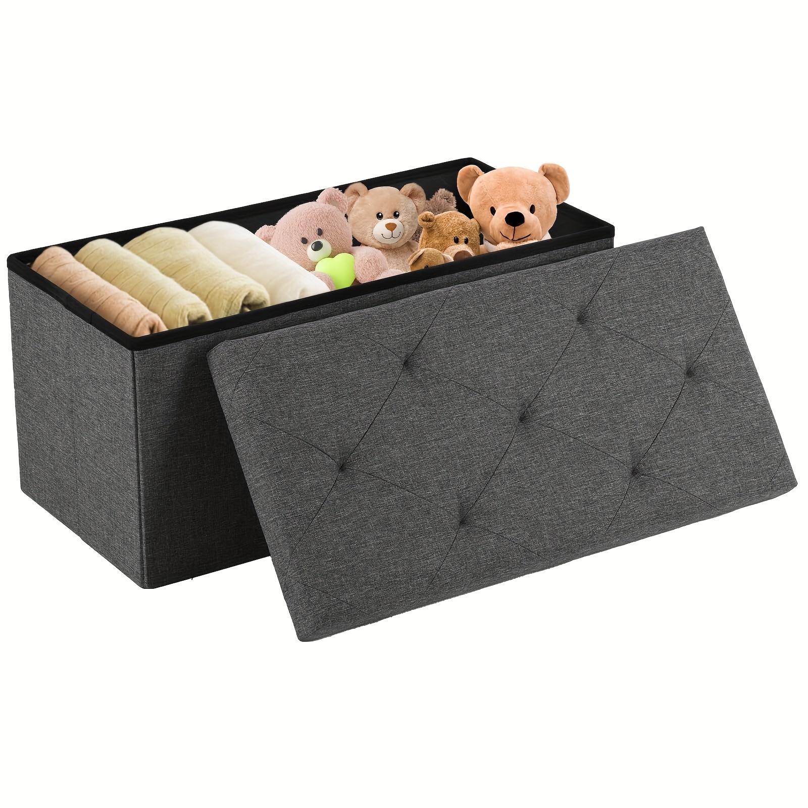 foldable storage ottoman bench tufted gray fabric padded Temu