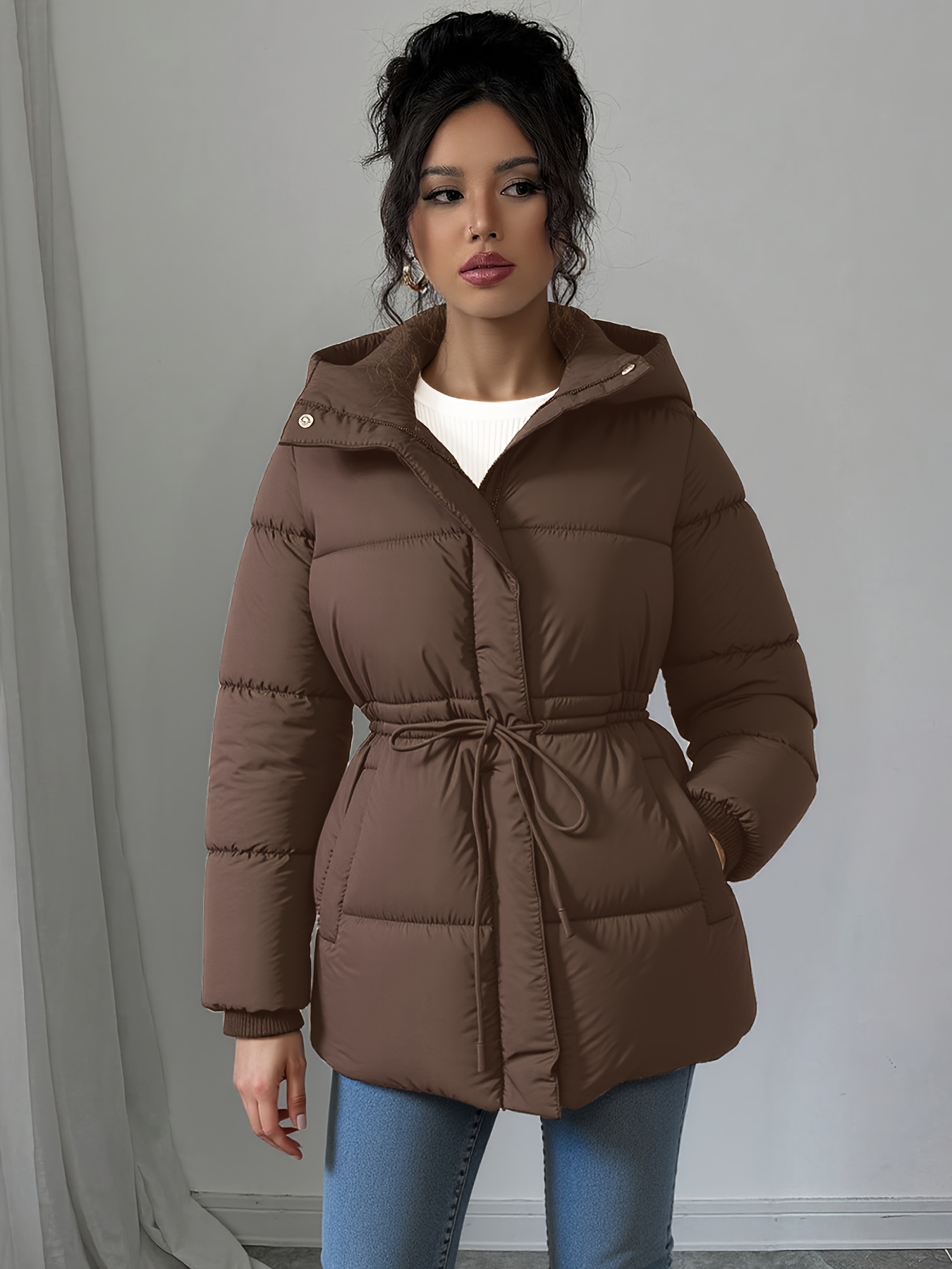 women's elegant black puffer jacket -length loose fit with