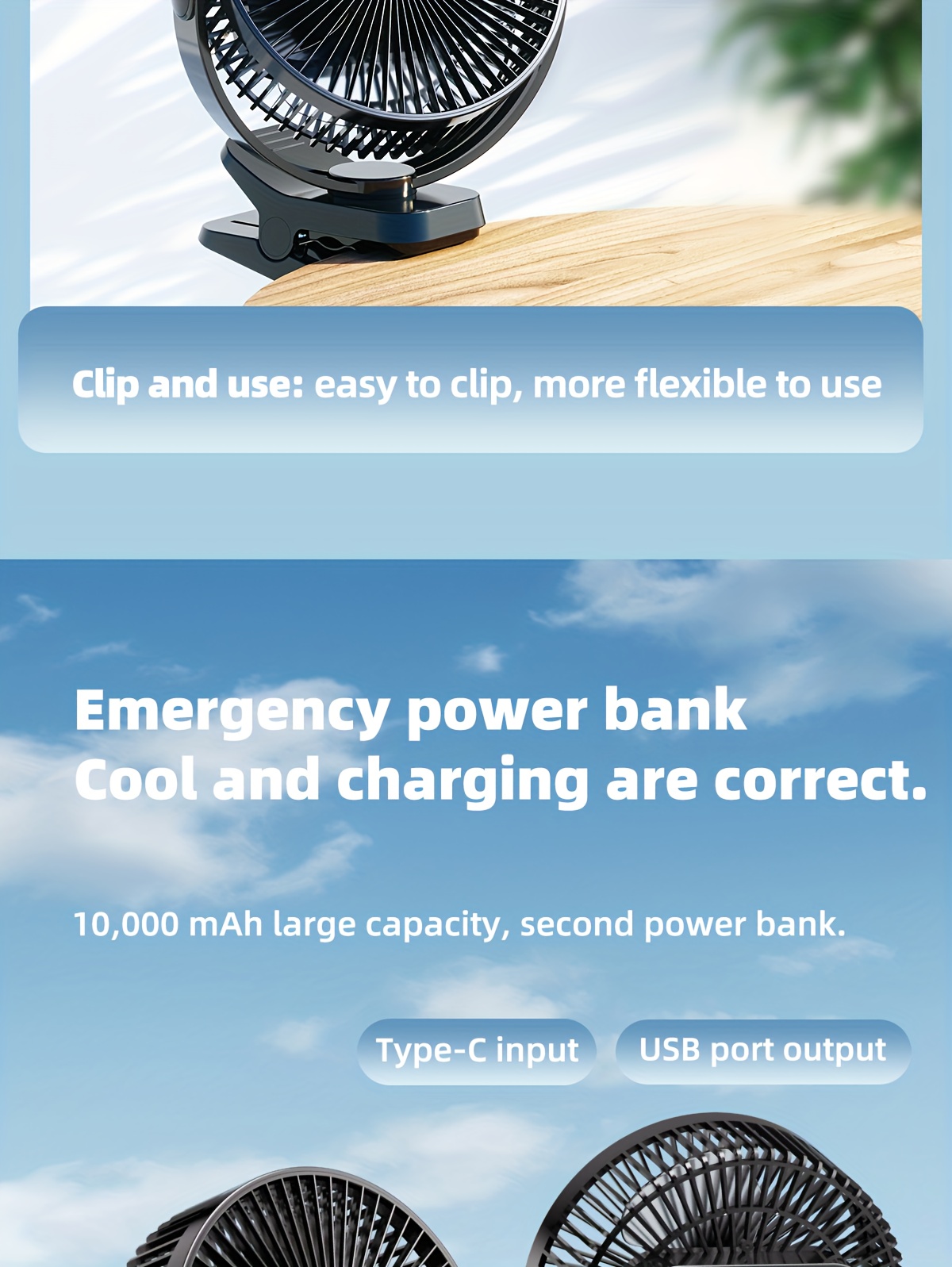 8-inch USB Charging Clip Fan Suitable for Bedroom, Dormitory, Bedside, Office, Desktop, Camping, Travel, Fishing, Can Be Clipped, Hung, Detachable, Washable, Digital Display with Five Levels of Wind Power, 10000mAh Battery with Power Bank Function