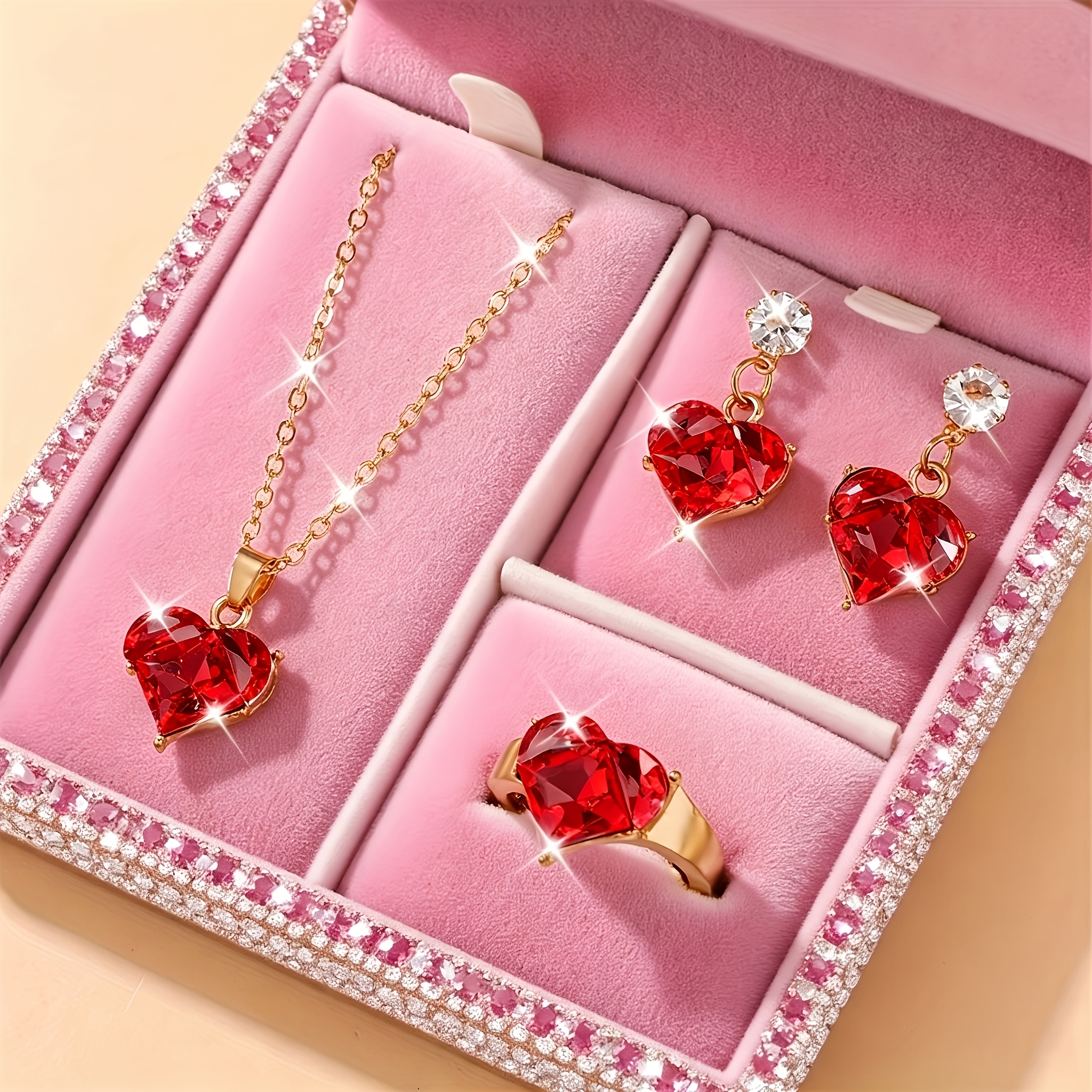 TEMU 4pcs Pink Heart Jewelry Set, Including 1 Necklace + 2 Pc Earrings + 1 Ring, Heart-shaped, Full Of Girly Charm, Sweet And Romantic Necklace,