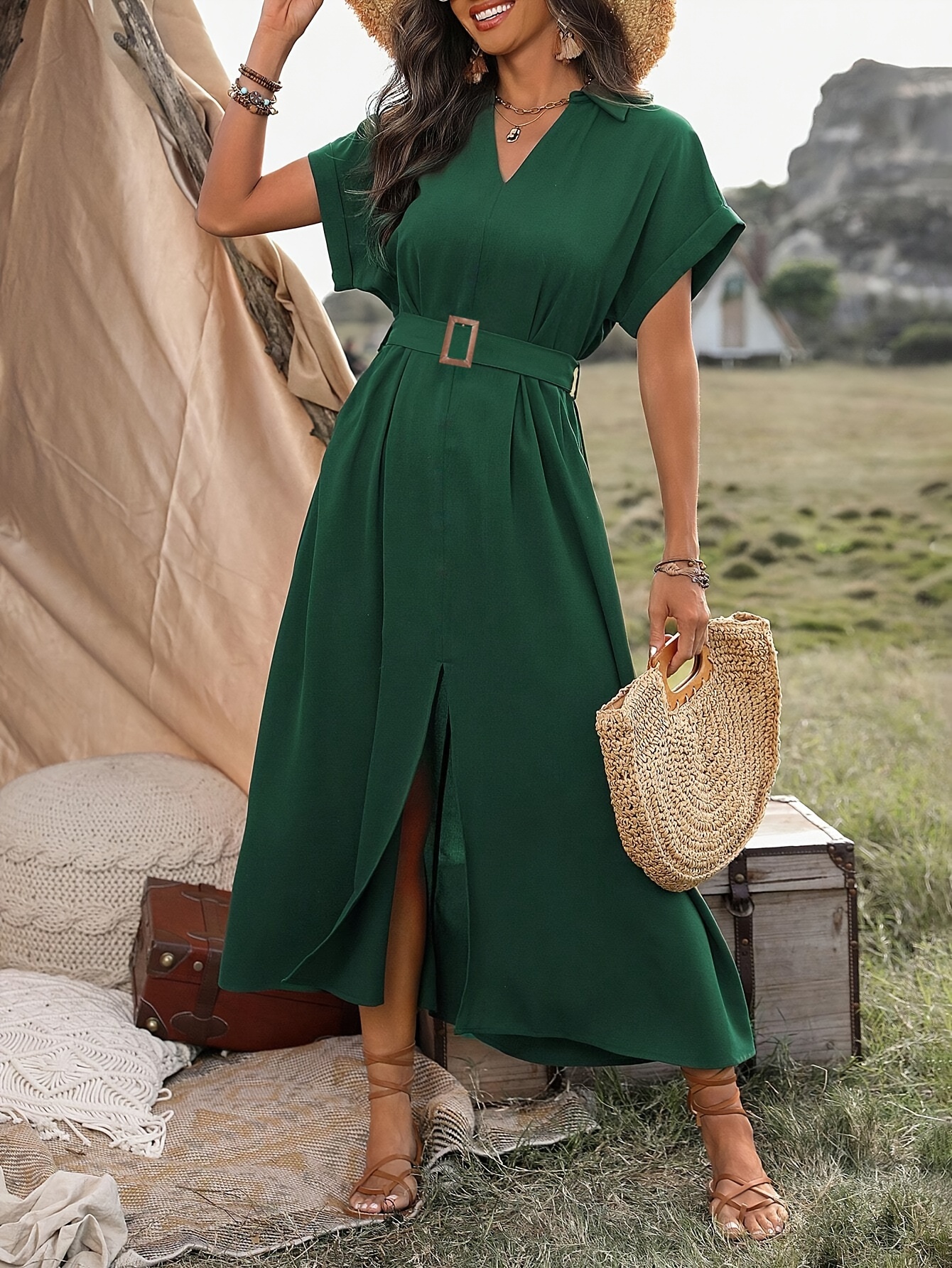 chinese dress ladies Beige Sleeveless Belted Maxi Shirt Dress - All Dresses main image 0