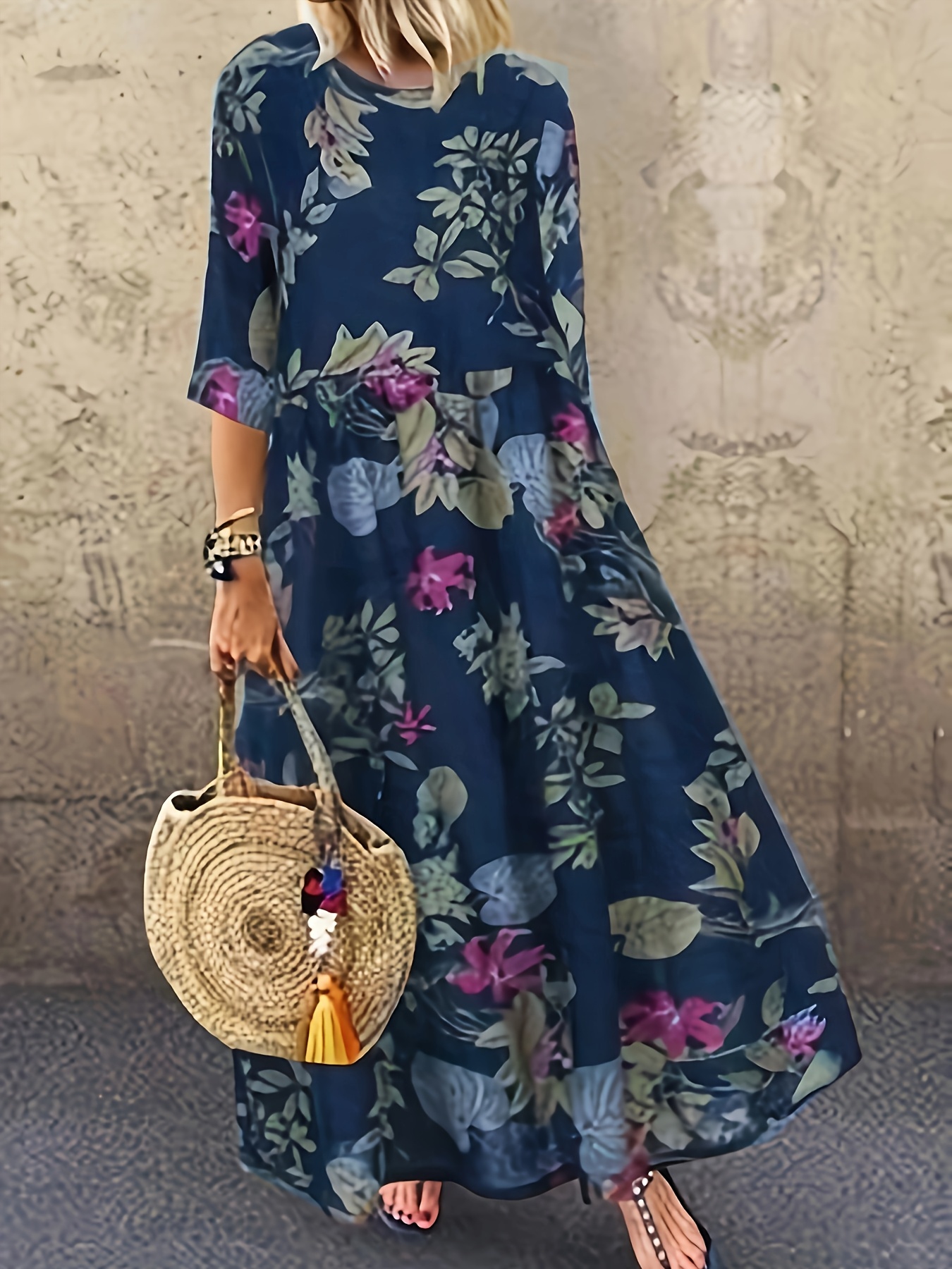 womens floral print short sleeve midi dress navy blue with   green floral pattern round neck machine washable spring casual semi formal wear navy blue 0