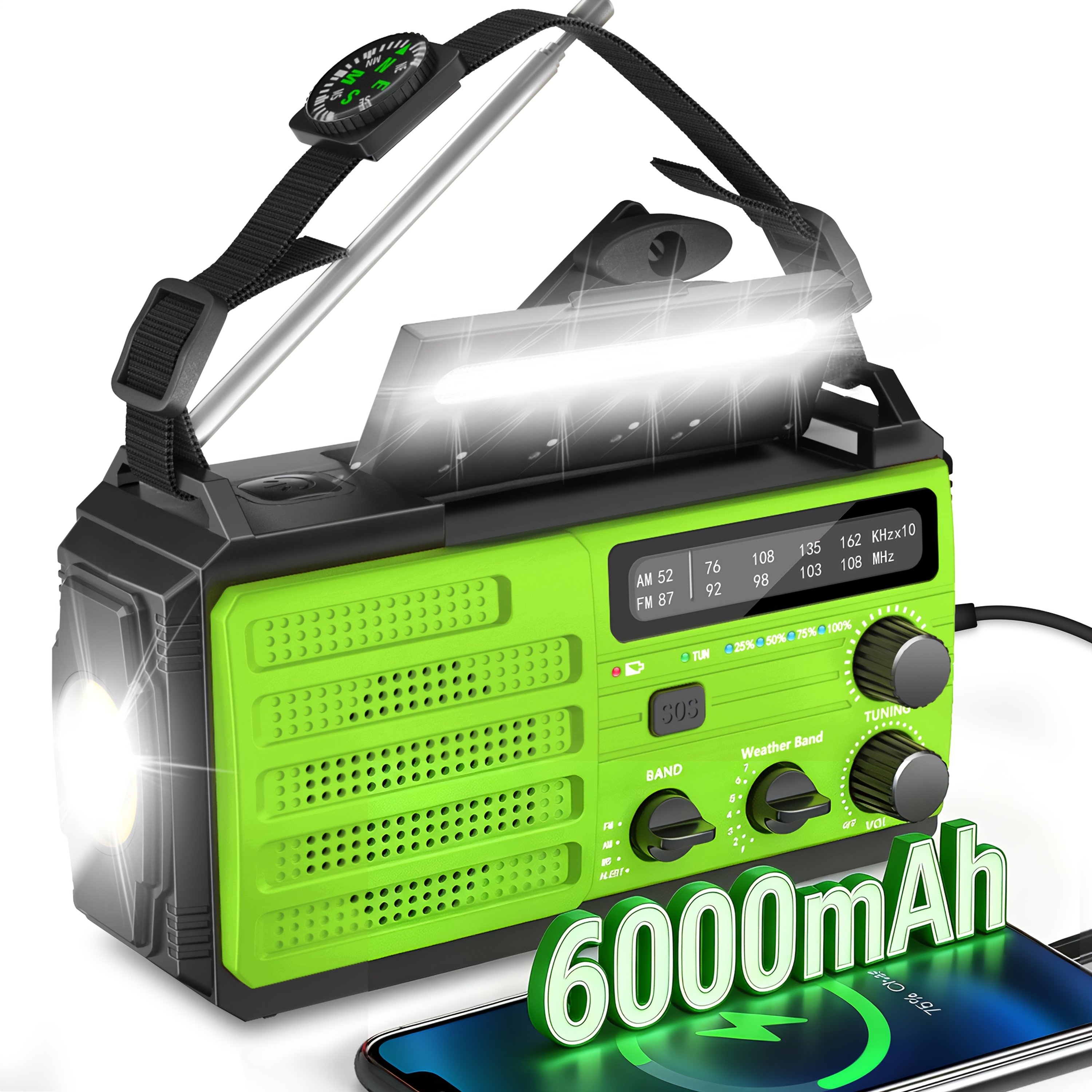 TEMU Portable Weather Radio Emergency Radio, Am/fm Radio, 6000mah Lithium Battery Power Bank, Type-c & Hand Crank & Solar Charging, Sos Alarm,